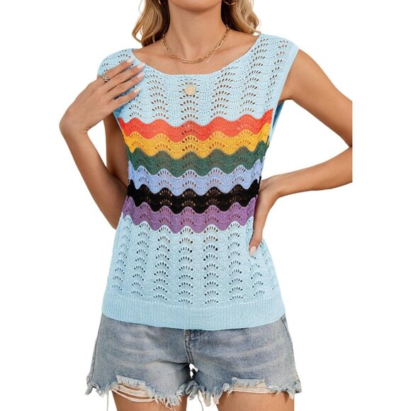 Takeyal Women Aqua Green Sleeveless Crochet Tank Casual Summer Striped Sweater - Picture 1 of 7